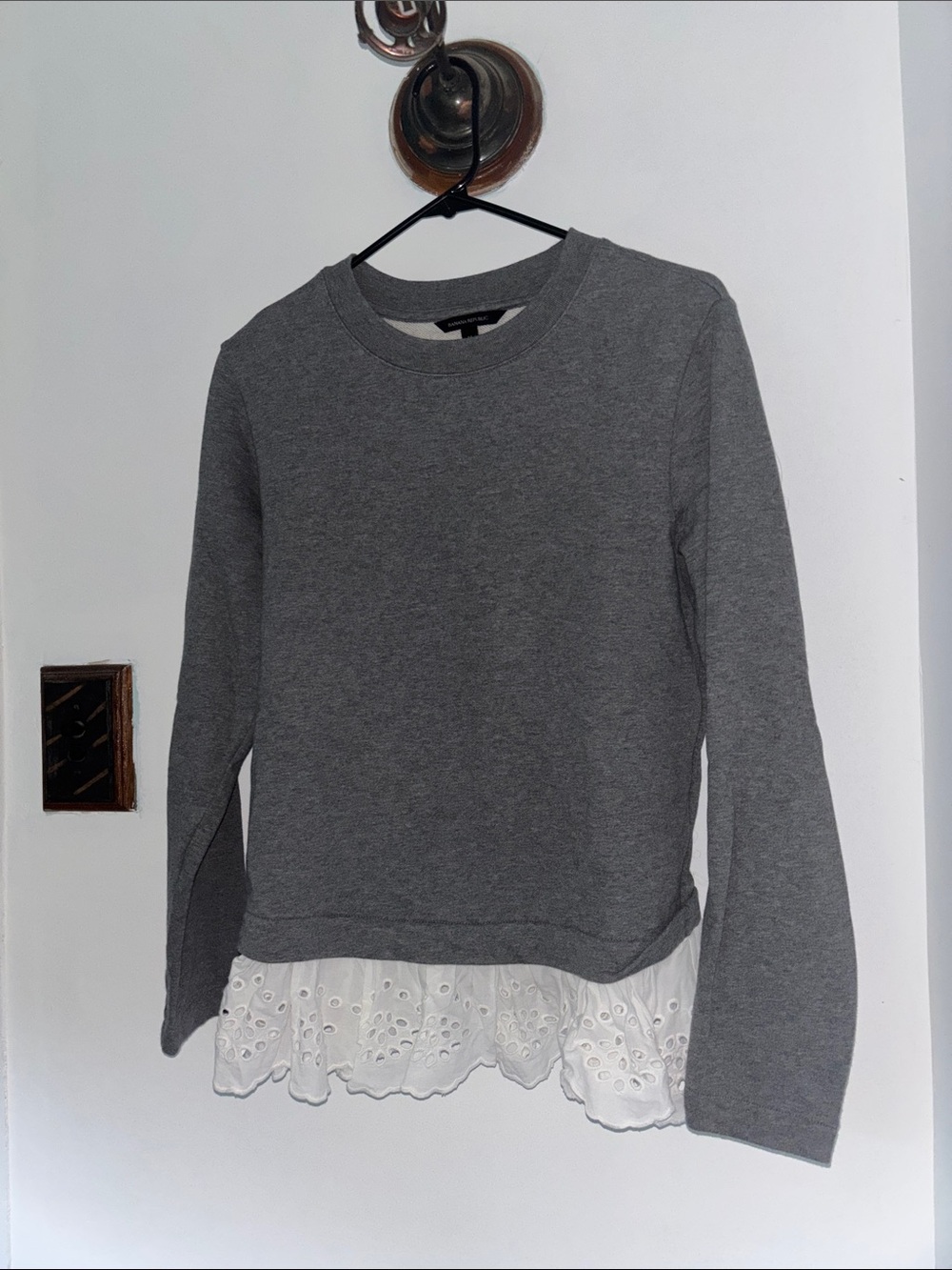Banana Republic Gray Crewneck Sweater with White Eyelet Hem